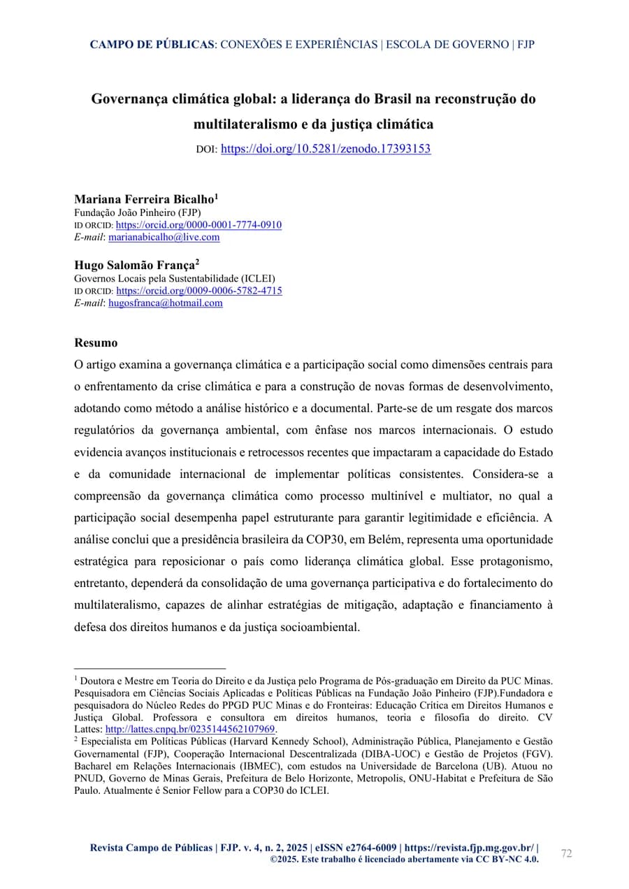 Capa de Governança climática global: a liderança do Brasil na reconstrução do multilateralismo e da justiça climática